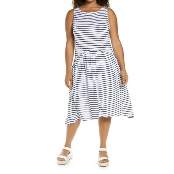 Caslon Size 1X Sleeveless Midi Dress Striped Navy White Pockets Summer NEW - Picture 1 of 9